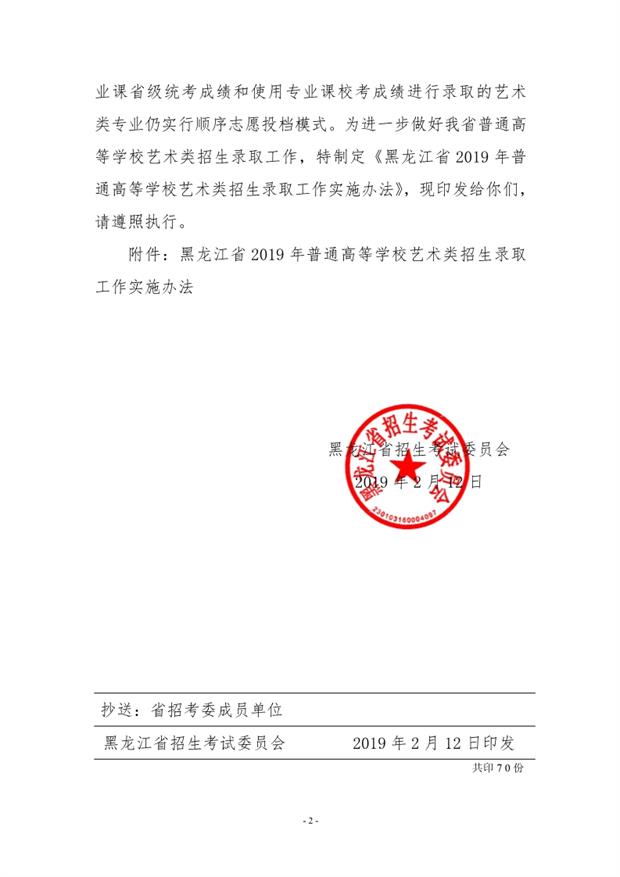 2019年黑龙江省普通高等学校艺术类招生录取工作实施办法