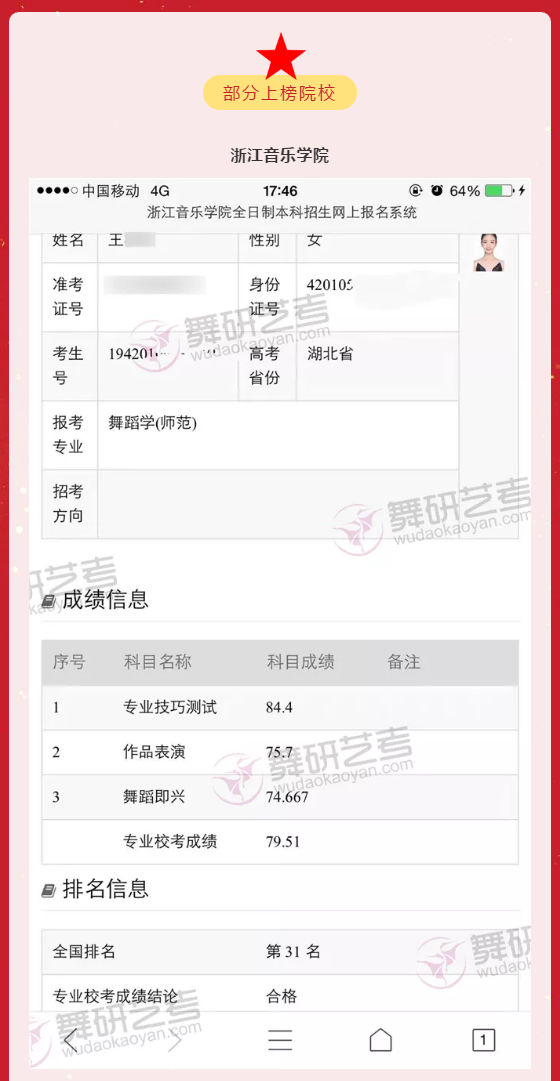 舞研优秀学员：王同学，成功上榜浙江音乐学院等舞蹈院校！