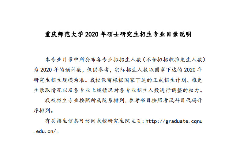 2020年重庆师范大学硕士研究生招生专业目录