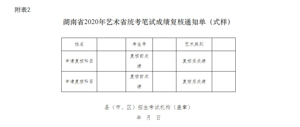 关于印发《湖南省2020年普通高等学校招生艺术类专业全省统一考试成绩复核实施办法》的通知