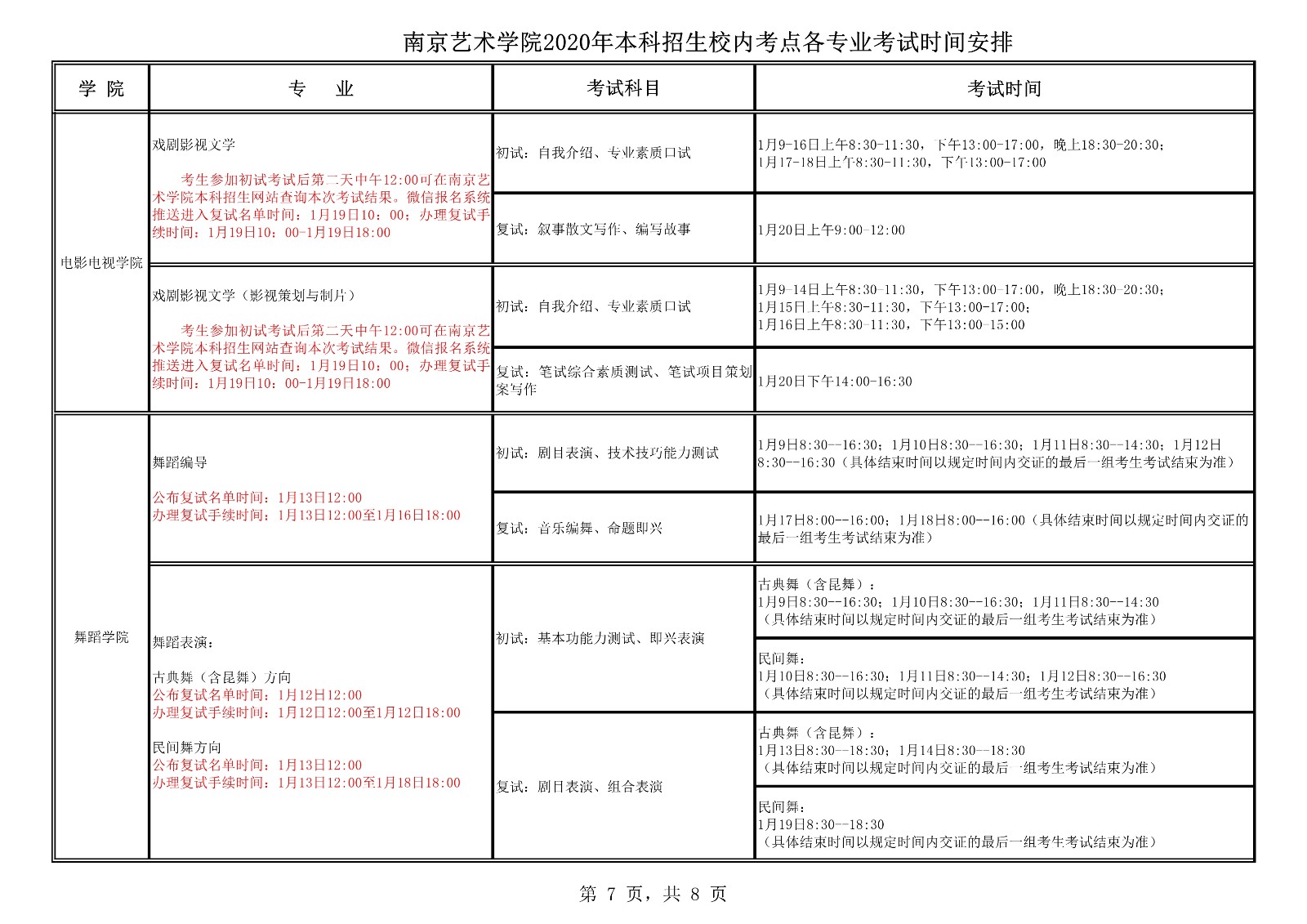 2020年南京艺术学院本科招生校内考点各专业考试时间安排