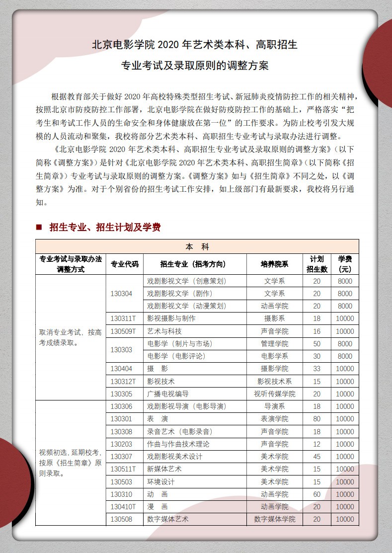2020年北京電影學院藝術類招生考試調整方案
