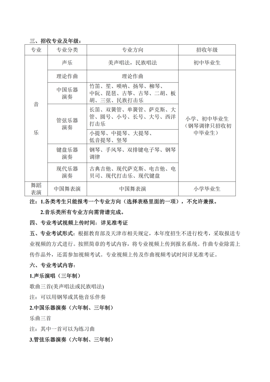 2020年天津音乐学院附中招生简章调整方案