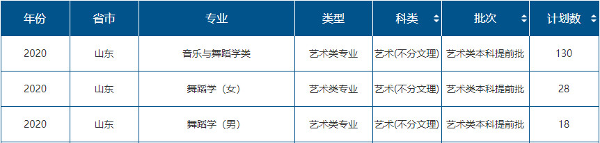 2020年山东师范大学艺术类本科分省分专业招生计划