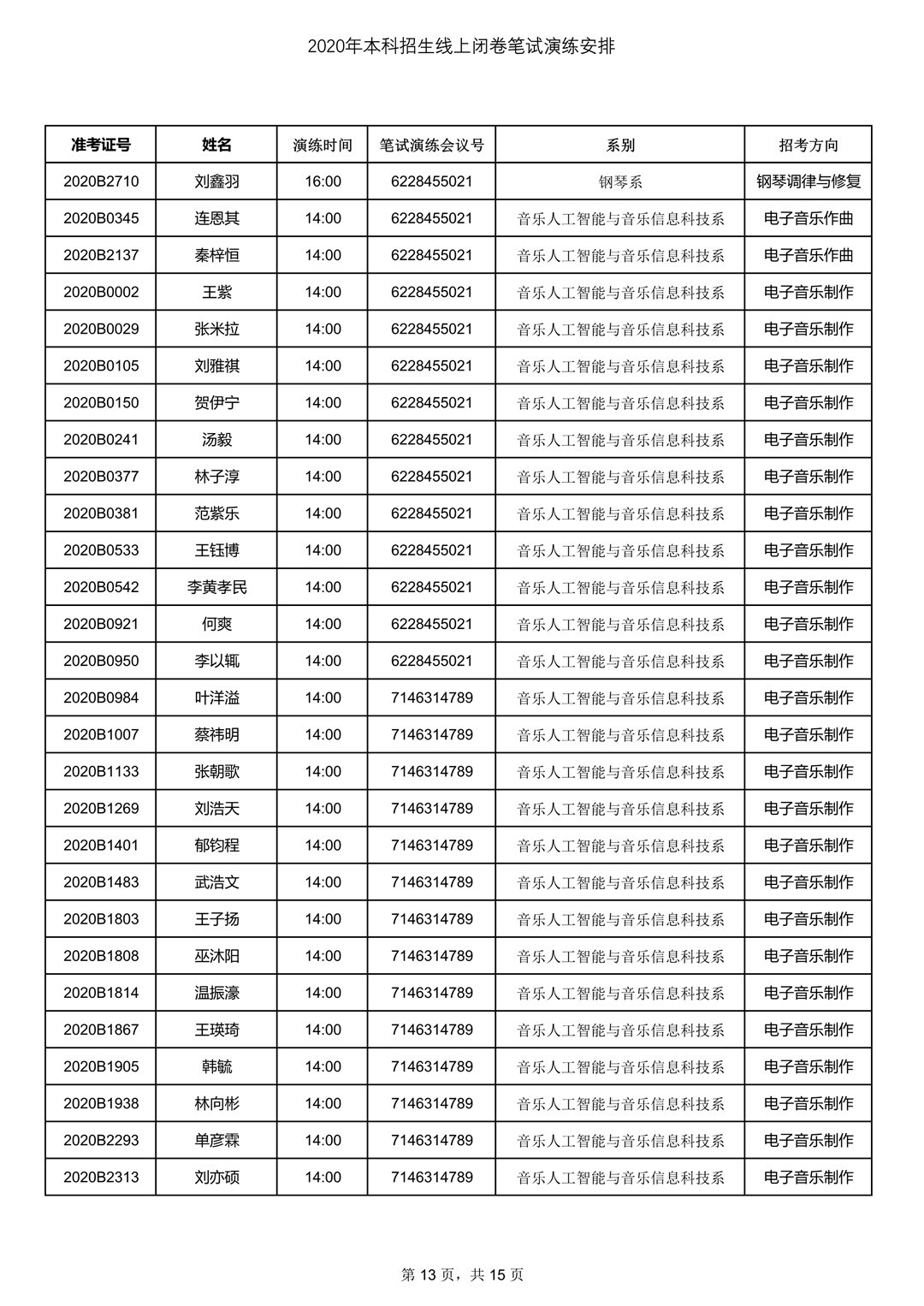 2020年中央音樂學院7月13日筆試考試線上測試安排