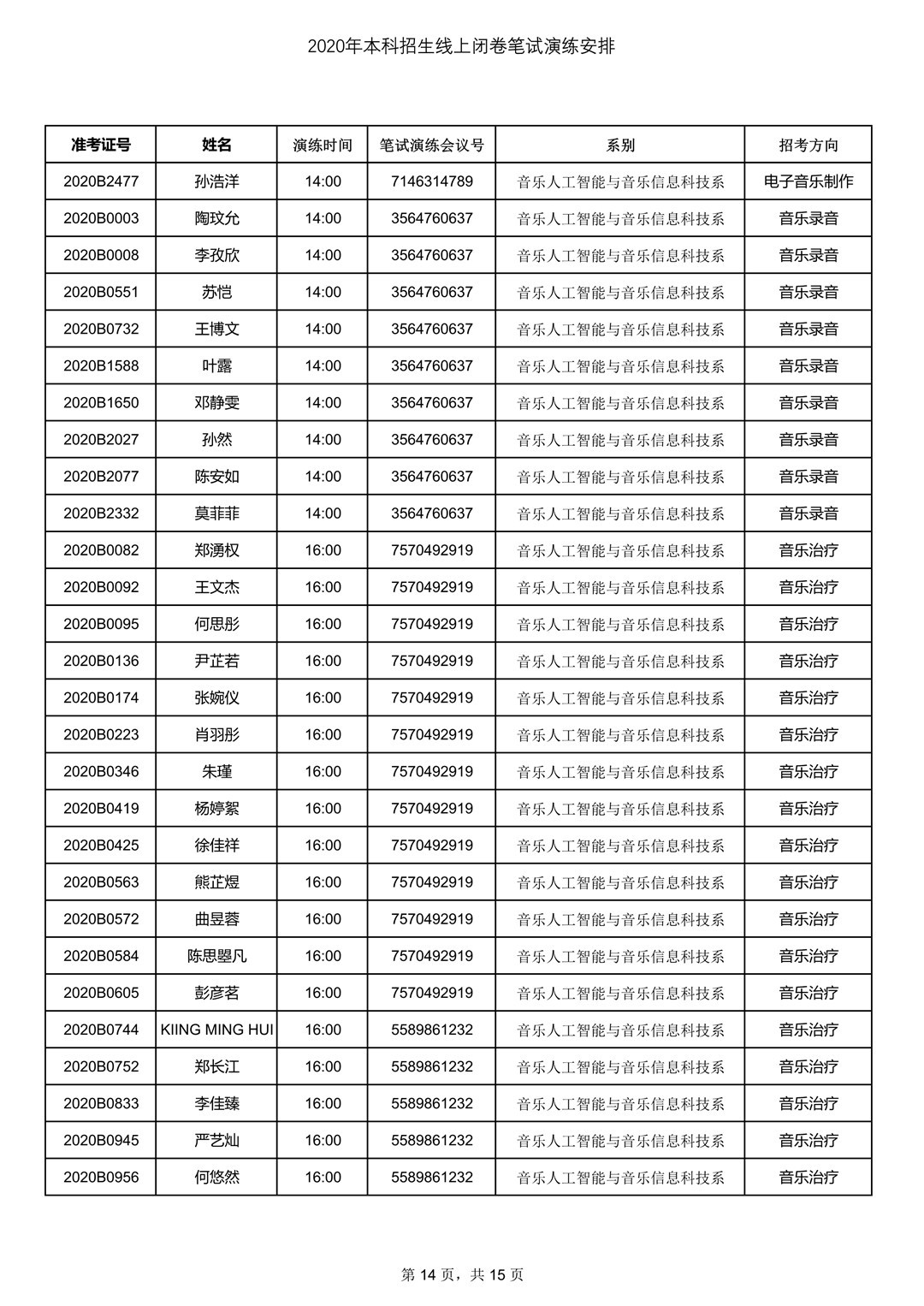 2020年中央音樂學院7月13日筆試考試線上測試安排