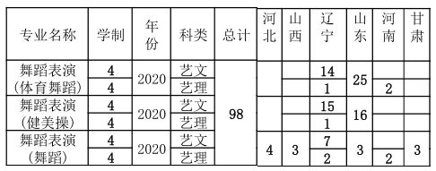 2020年沈阳体育学院本科舞蹈表演专业招生计划表