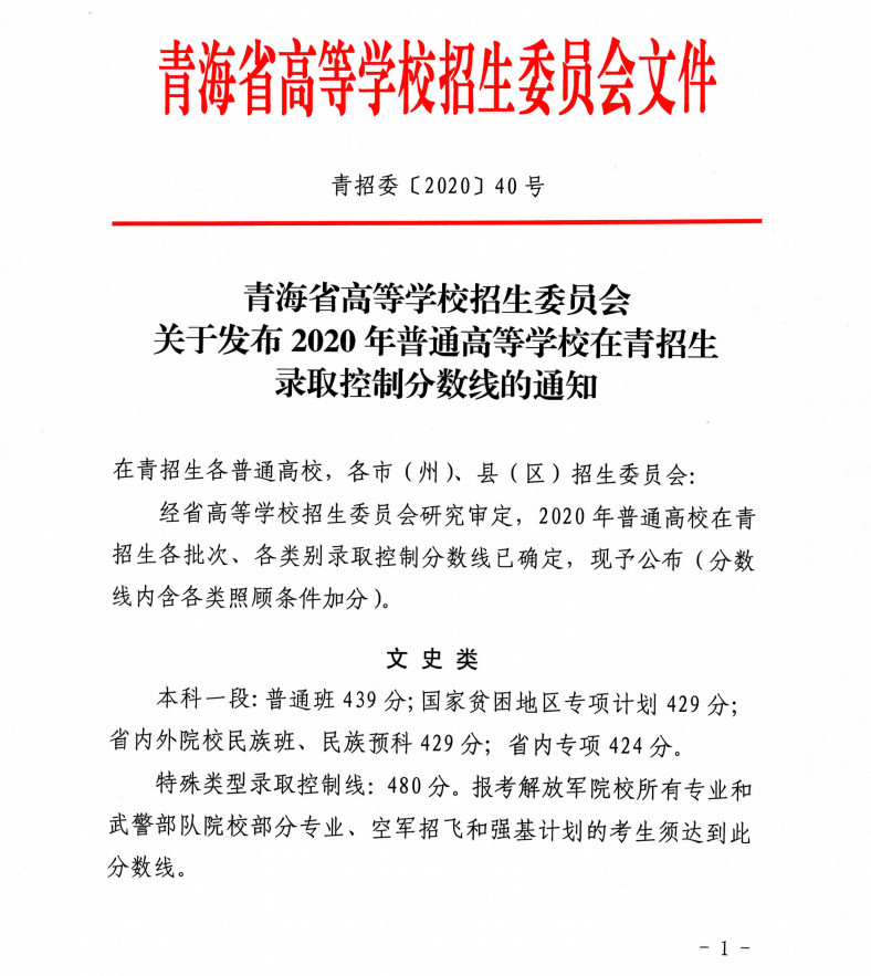 2020年普通高校在青海省招生录取控制分数线的通知
