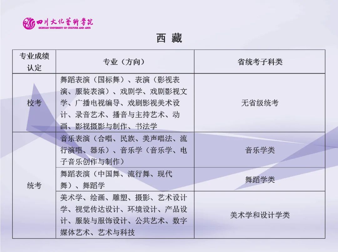 2022年四川文化艺术学院艺术类（本科）专业与省级统考子科类对照关系表