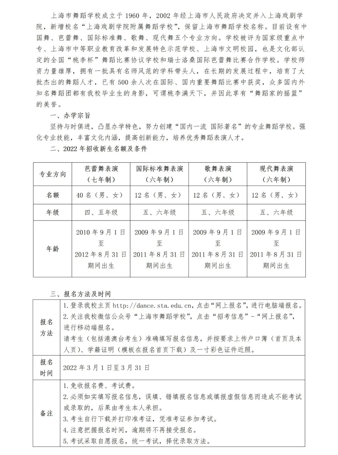 2022年上海市舞蹈學校招生簡章（含招生計劃、報名考試時間、考試內容及成績查詢時間）