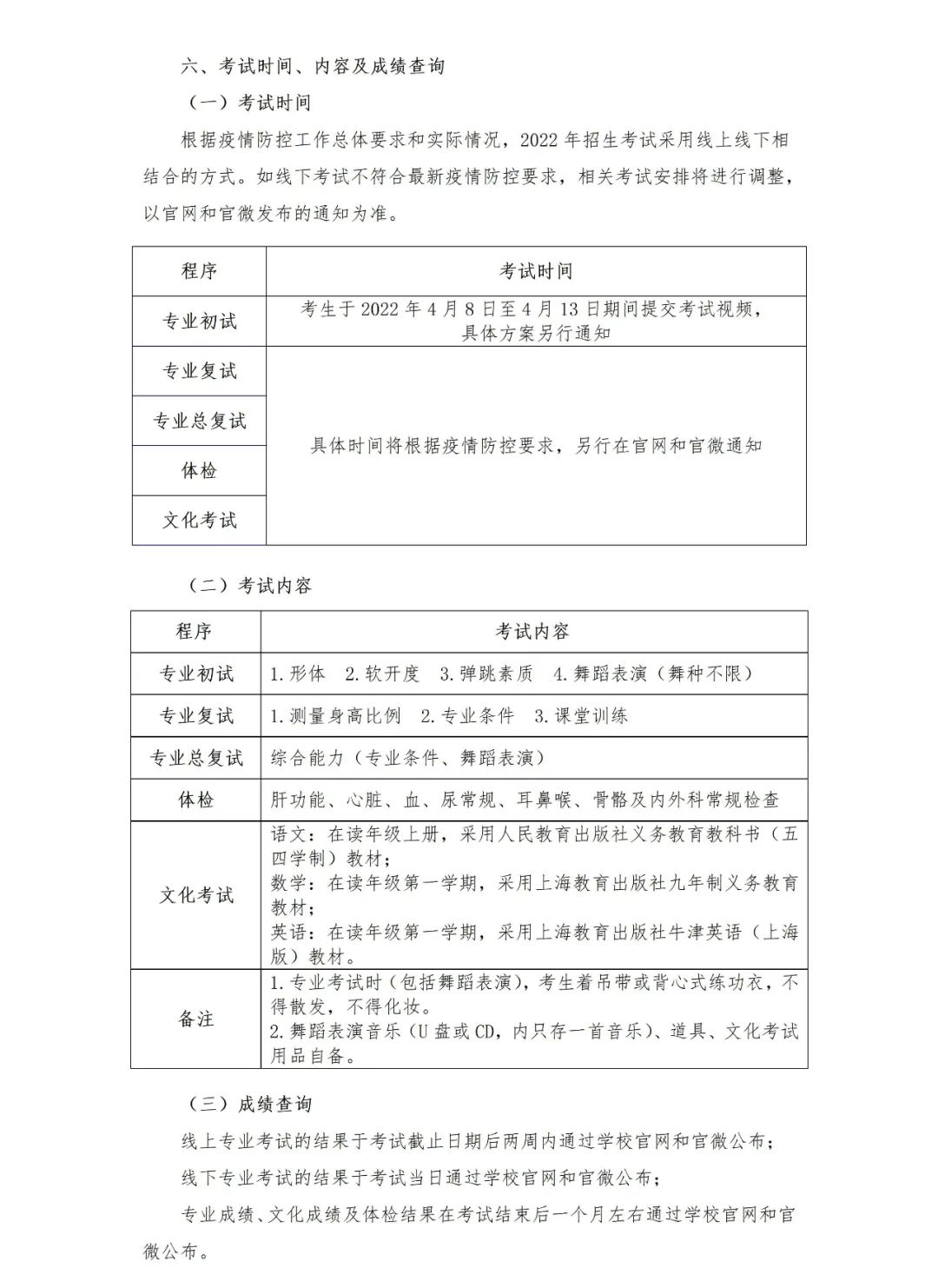 2022年上海市舞蹈學校招生簡章（含招生計劃、報名考試時間、考試內容及成績查詢時間）