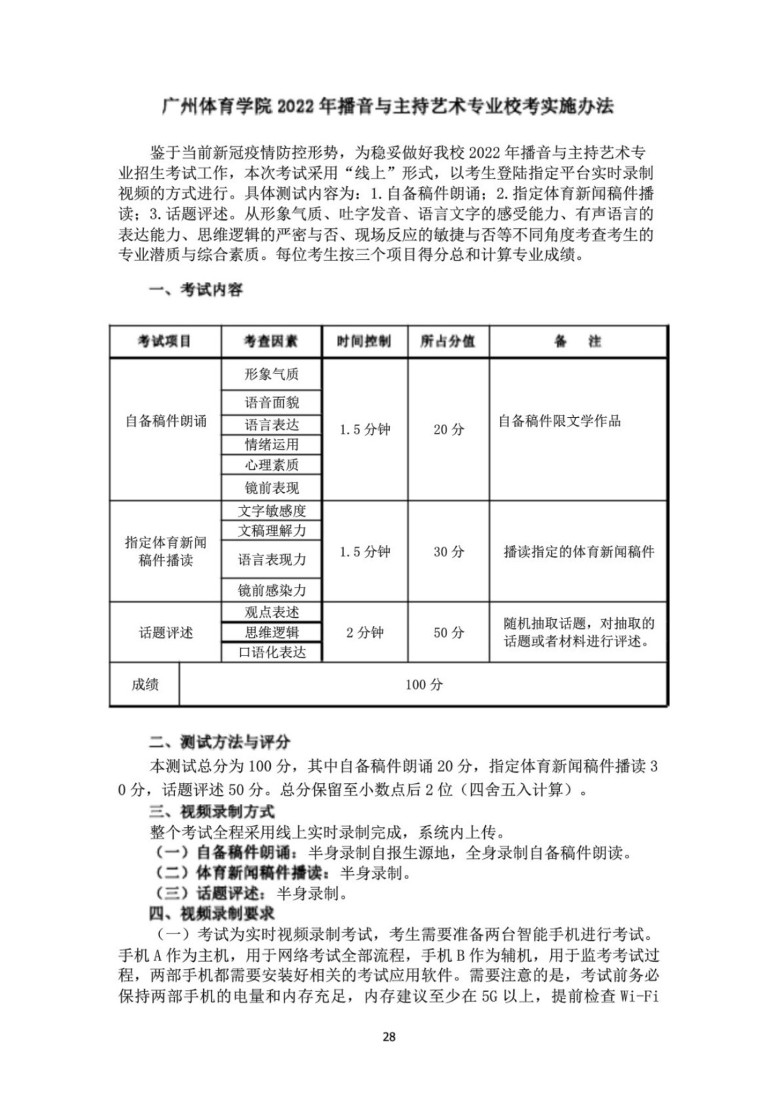 2022年广州体育学院舞蹈学、舞蹈表演专业专业校考实施办法、测试指标、测试方法与评分标准、视频录制方式及拍摄要求