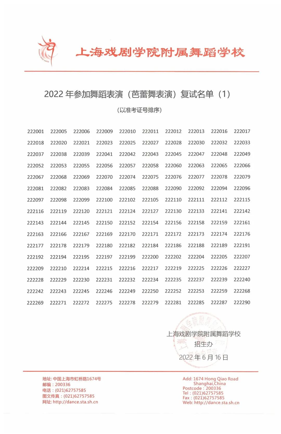 2022年上海市舞蹈學校（上海戲劇學院附屬舞蹈學校）招生考試參加復試名單