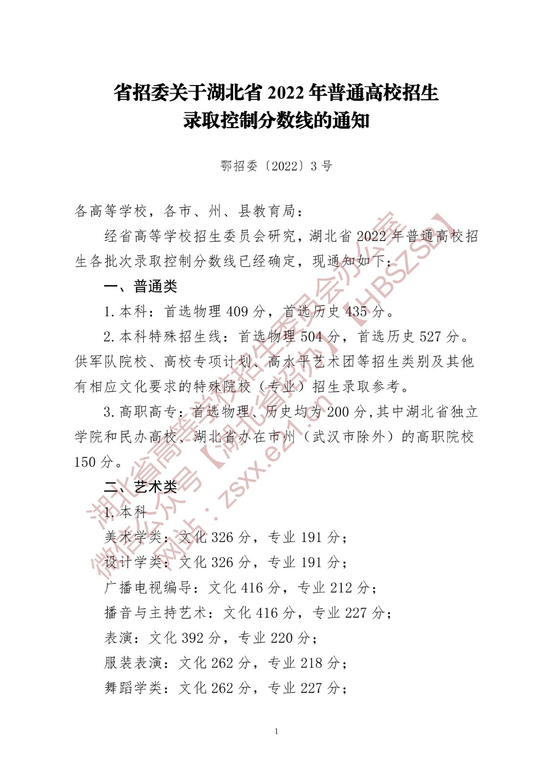 湖北省招委关于2022年湖北省普通高校招生音乐学类、舞蹈学类录取控制分数线的通知