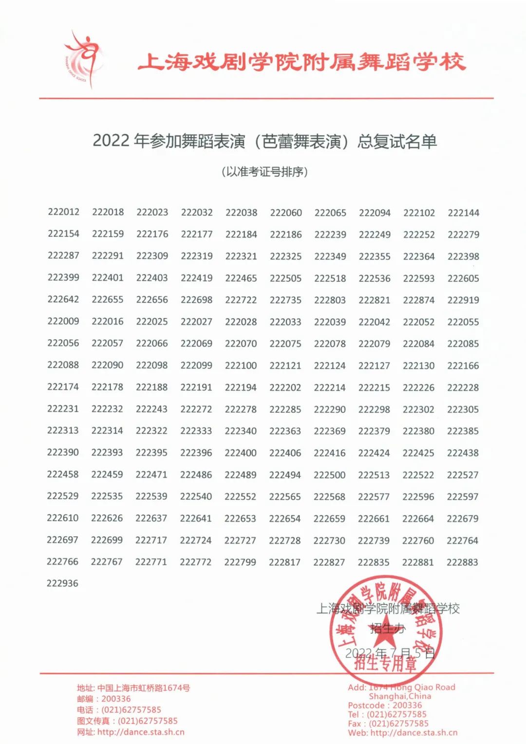 2022年上海市舞蹈學校舞蹈表演專業招生考試參加總復試名單
