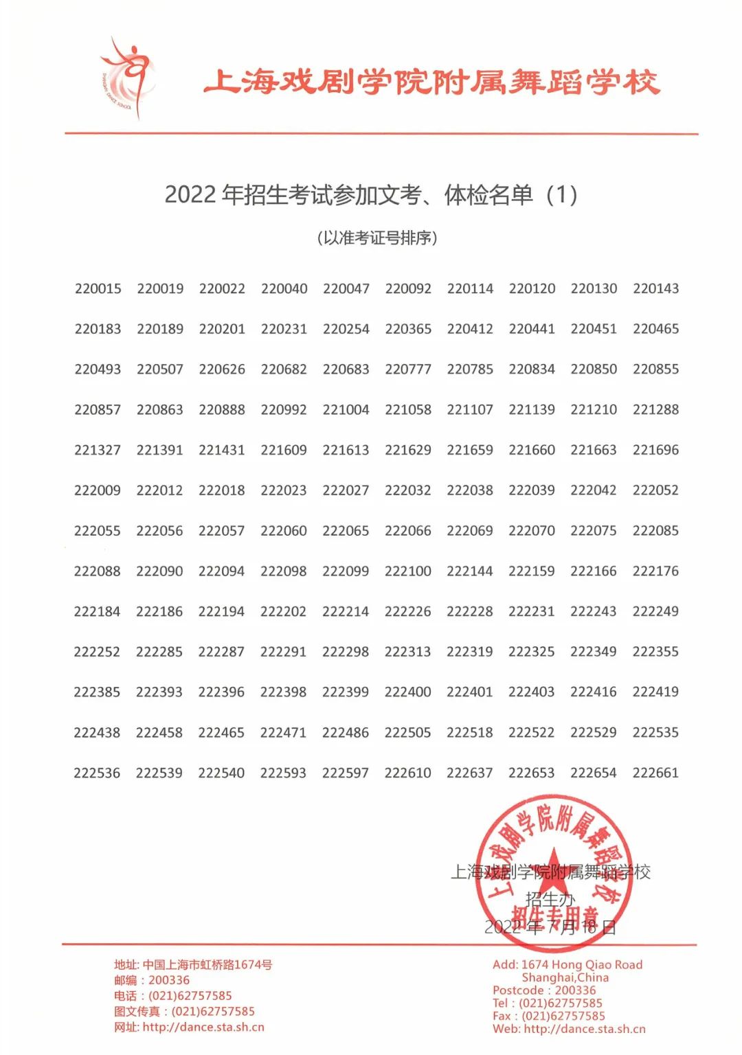 2022年上海市舞蹈學校（上海戲劇學院附屬舞蹈學校）招生考試參加文考、體檢名單