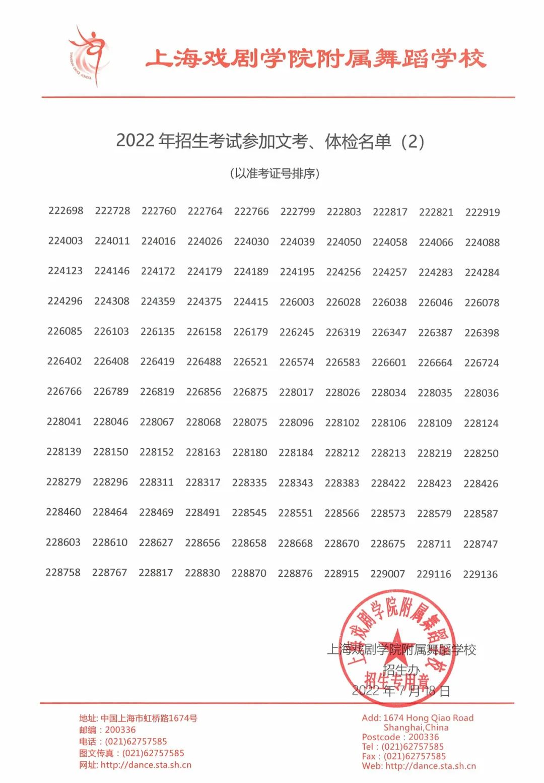 2022年上海市舞蹈學校（上海戲劇學院附屬舞蹈學校）招生考試參加文考、體檢名單
