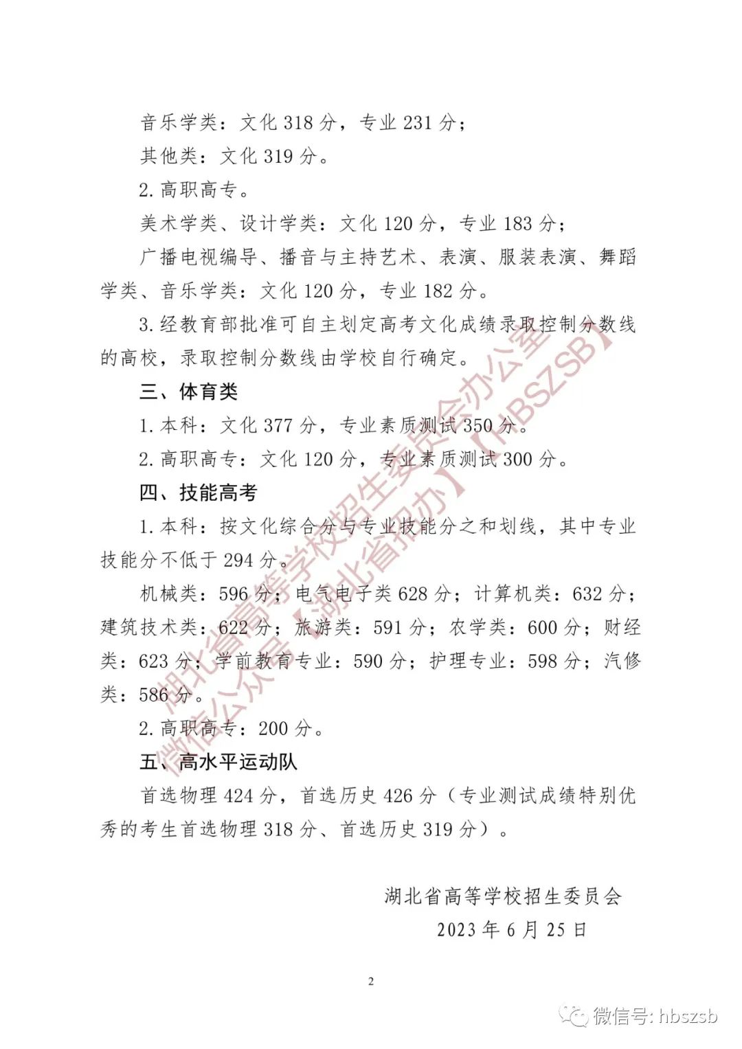 省招委關于2023年湖北省普通高校招生音樂舞蹈類錄取控制分數線的通知