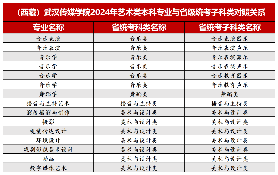 2024年武汉传媒学院音乐、舞蹈类等本科专业与省级统考子科类对照关系