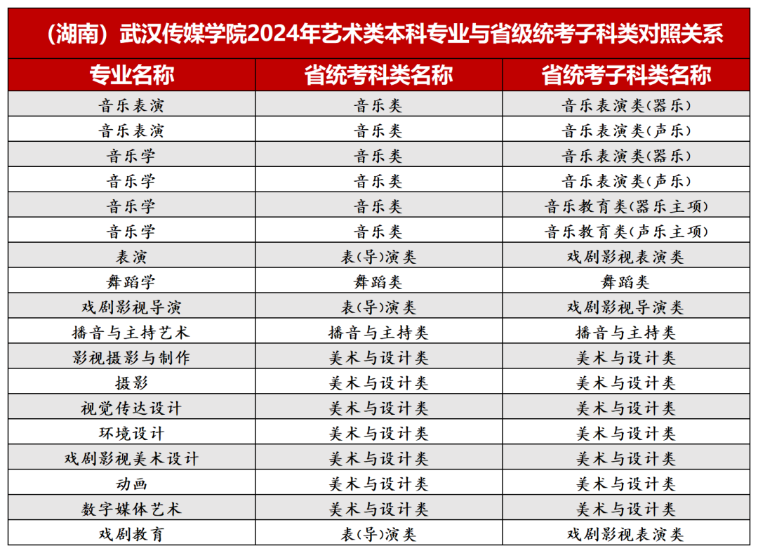 2024年武汉传媒学院音乐、舞蹈类等本科专业与省级统考子科类对照关系
