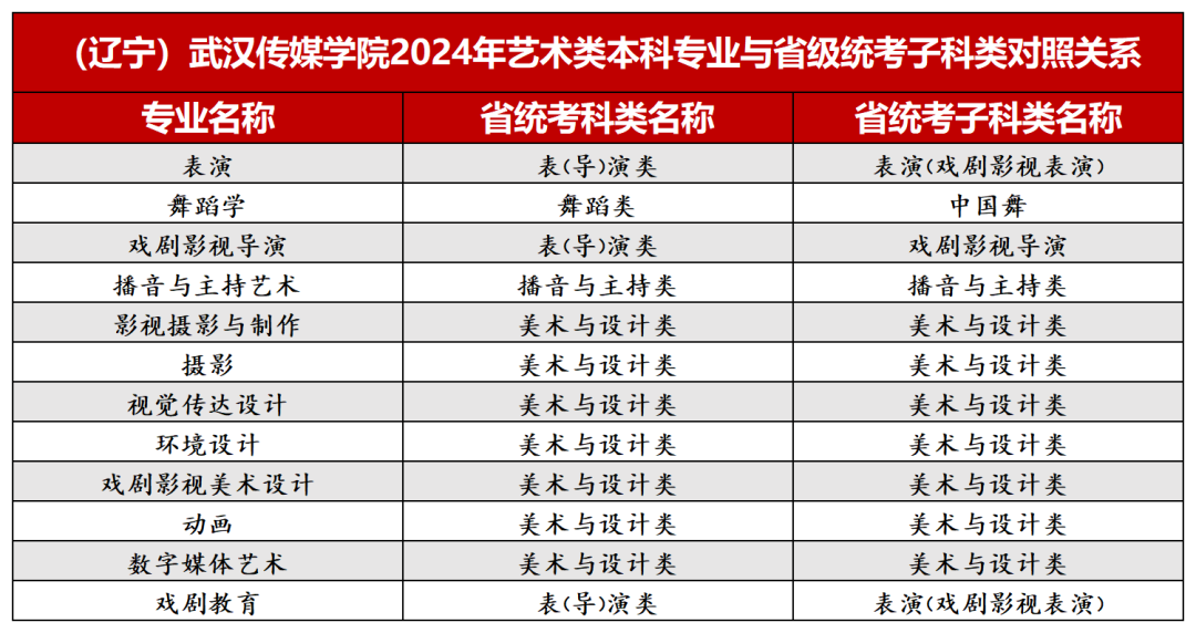 2024年武汉传媒学院音乐、舞蹈类等本科专业与省级统考子科类对照关系