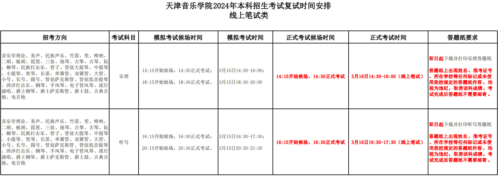 2024年天津音乐学院音乐专业本科招生考试复试时间安排（线上笔试类）