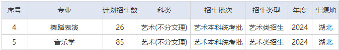 2024年湖北理工学院音乐舞蹈类本科分省招生计划