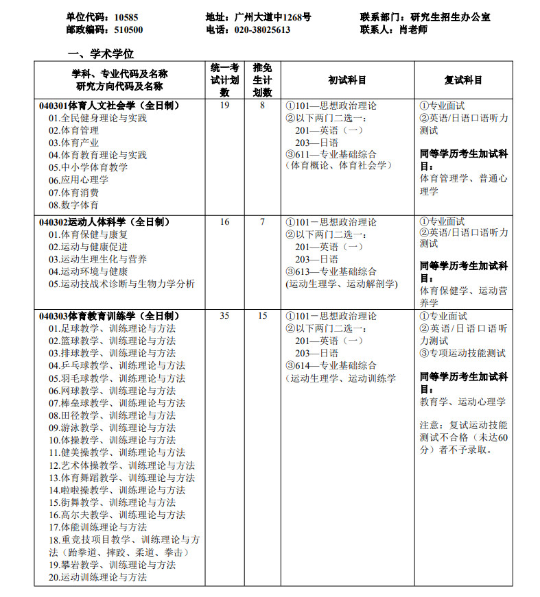 2025年广州体育学院舞蹈硕士研究生招生简章及专业目录