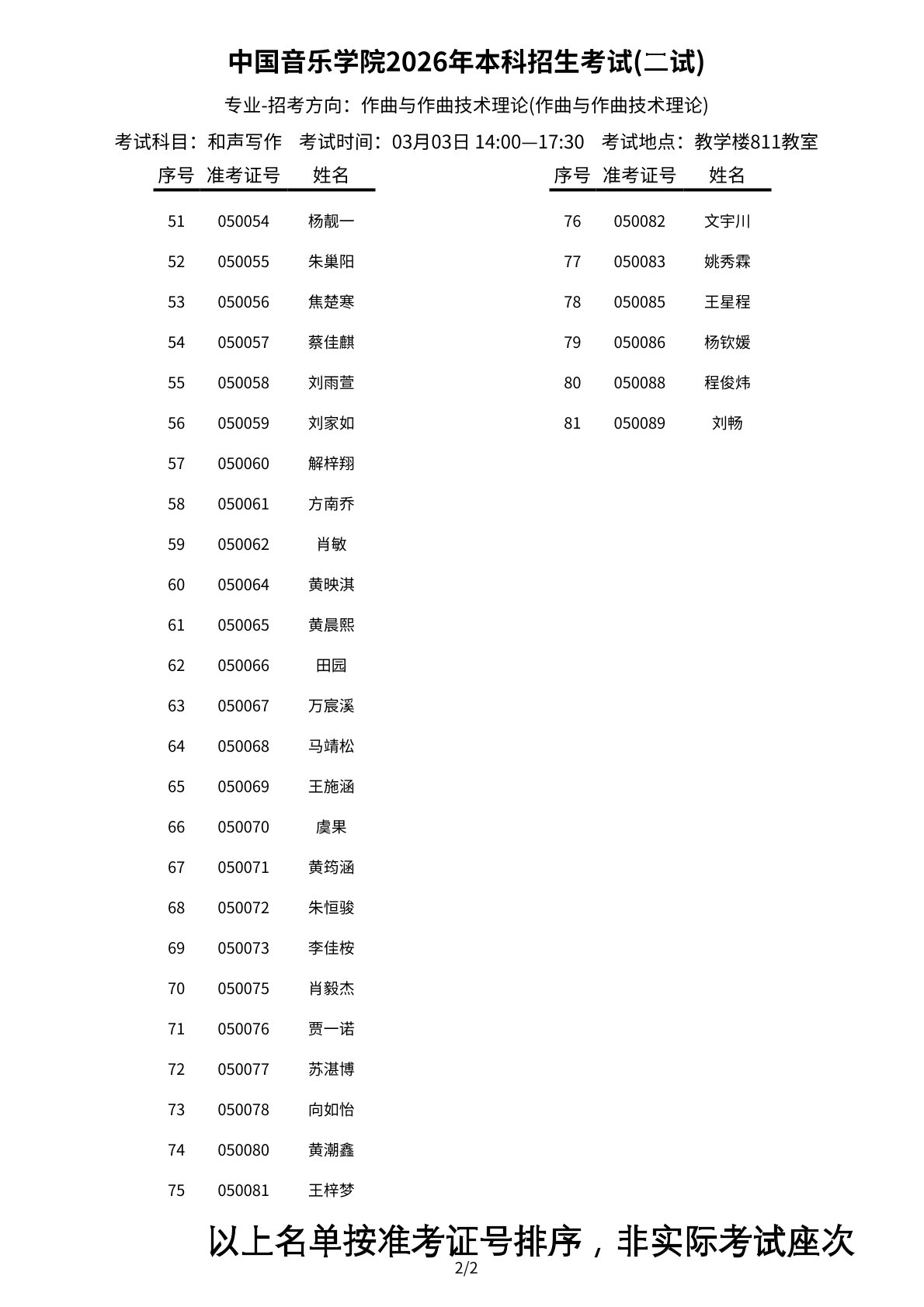 2026年中国音乐学院作曲与作曲技术理论二、三试考试安排及考生名单