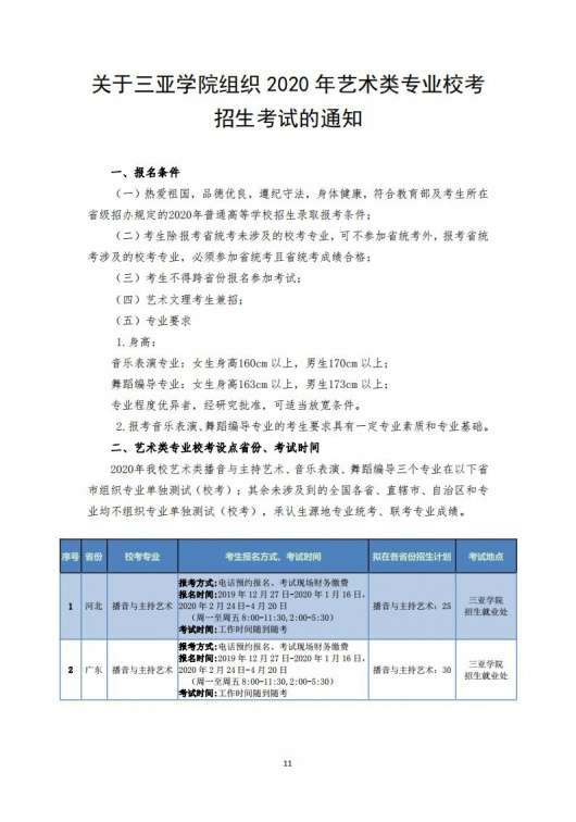 关于三亚学院组织2020年艺术类专业校考招生考试的通知