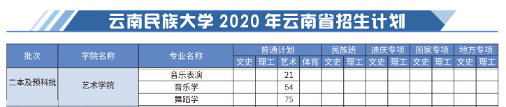 2020年云南民族大学云南省普高招生计划