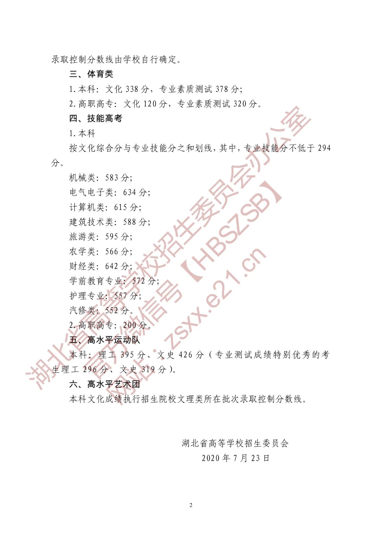 省招委关于湖北省2020年普通高校招生录取控制分数线的通知