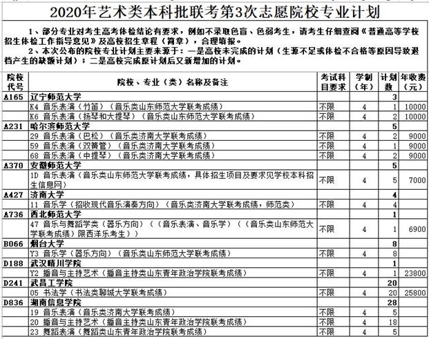 2020年山东省艺术类本科批联考第3次志愿院校专业计划